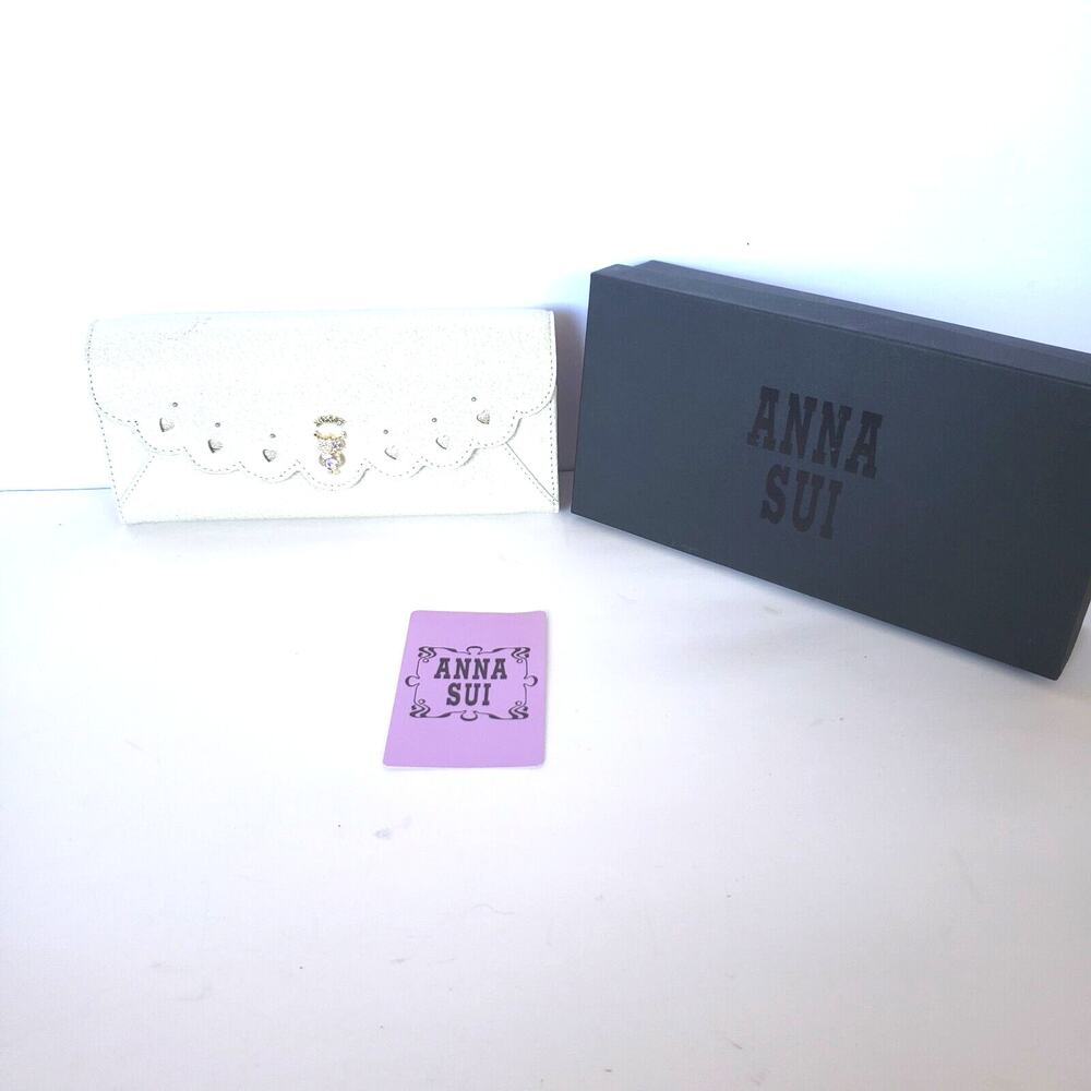 Anna Sui Wallet Clutch White Envelope Leather Owl Floral Hearts‎ Boho Glam Box